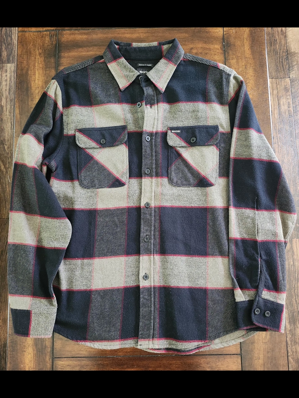 Brixton Plaid Button-Up Shirt in Black, Khaki & Red Accent